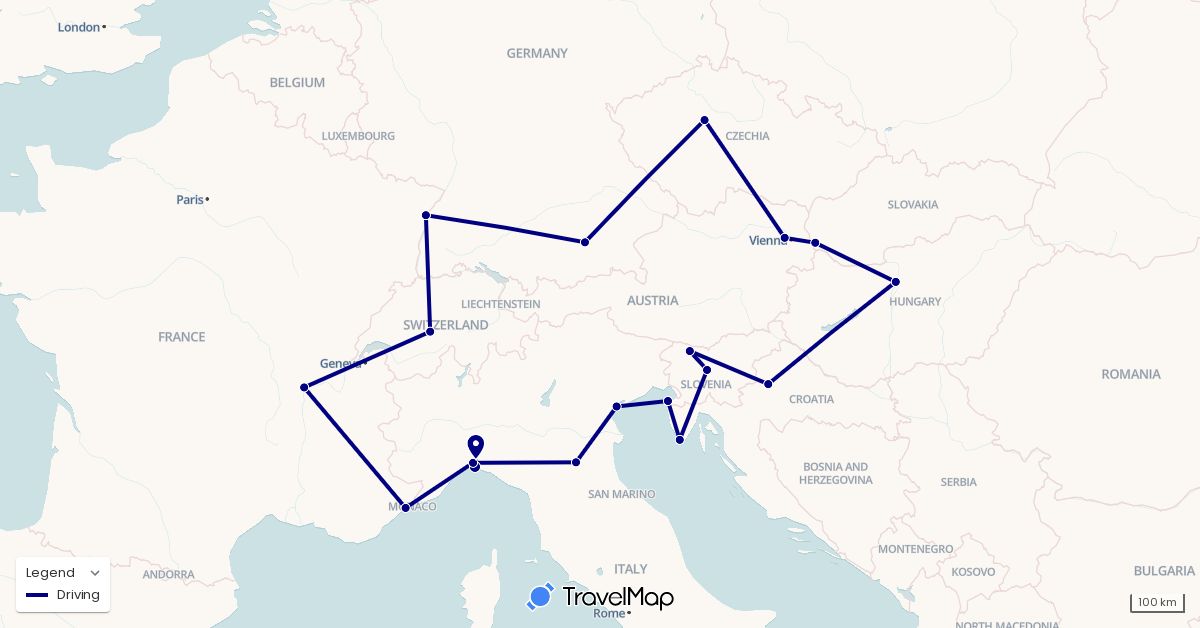 TravelMap itinerary: driving in Austria, Switzerland, Czech Republic, Germany, France, Croatia, Hungary, Italy, Slovenia, Slovakia (Europe)